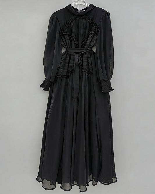 Black Ruffled Tie-Waist Maxi Dress