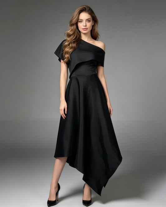Black Satin Asymmetrical Off One Shoulder Dress