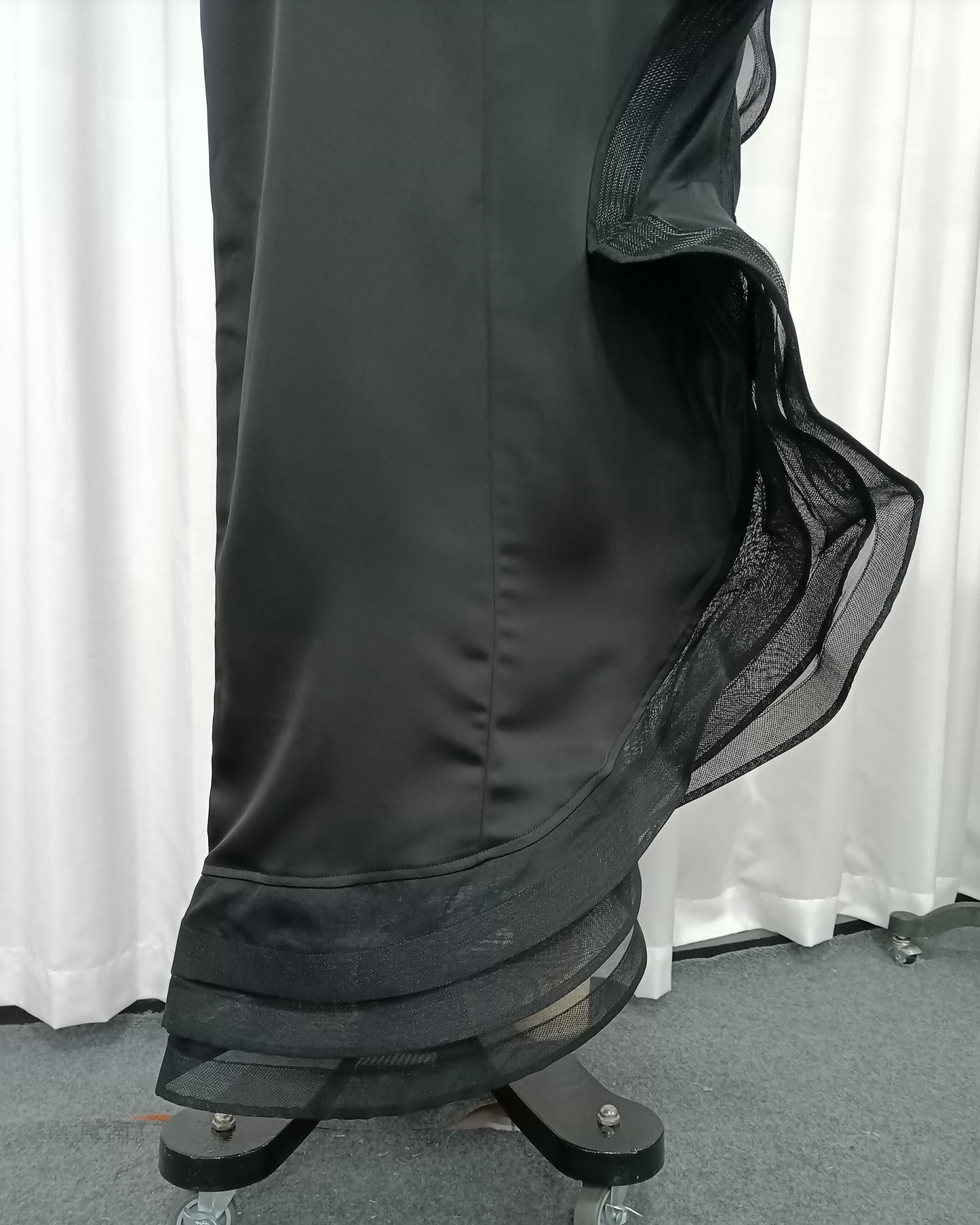 Black Satin Spaghetti Strap Ruffle Slit Maxi Dress
