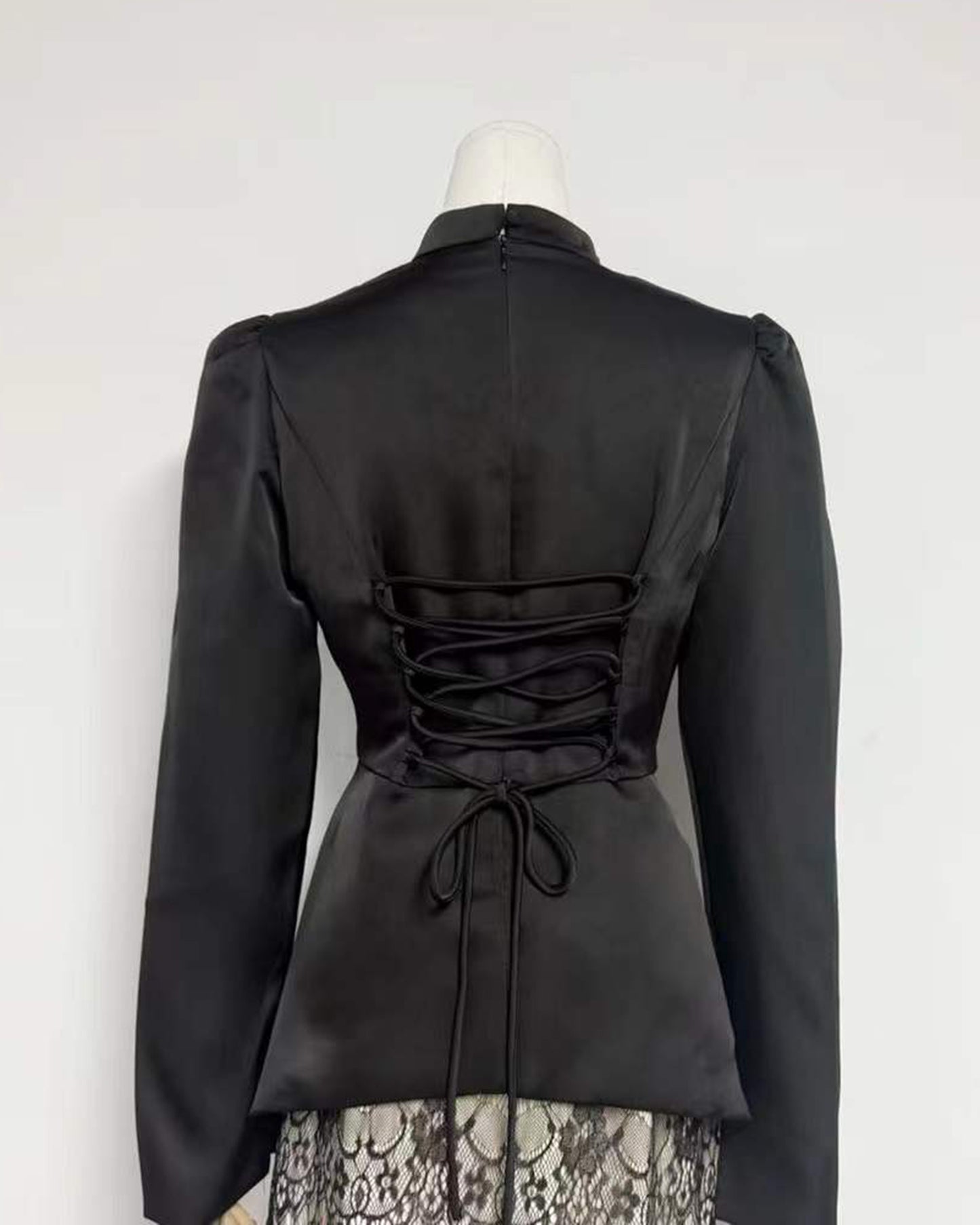 Black Satin Top & Lace Skirt Two-Piece Set