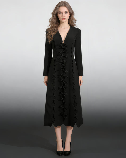 Black Scalloped Bow Midi Dress