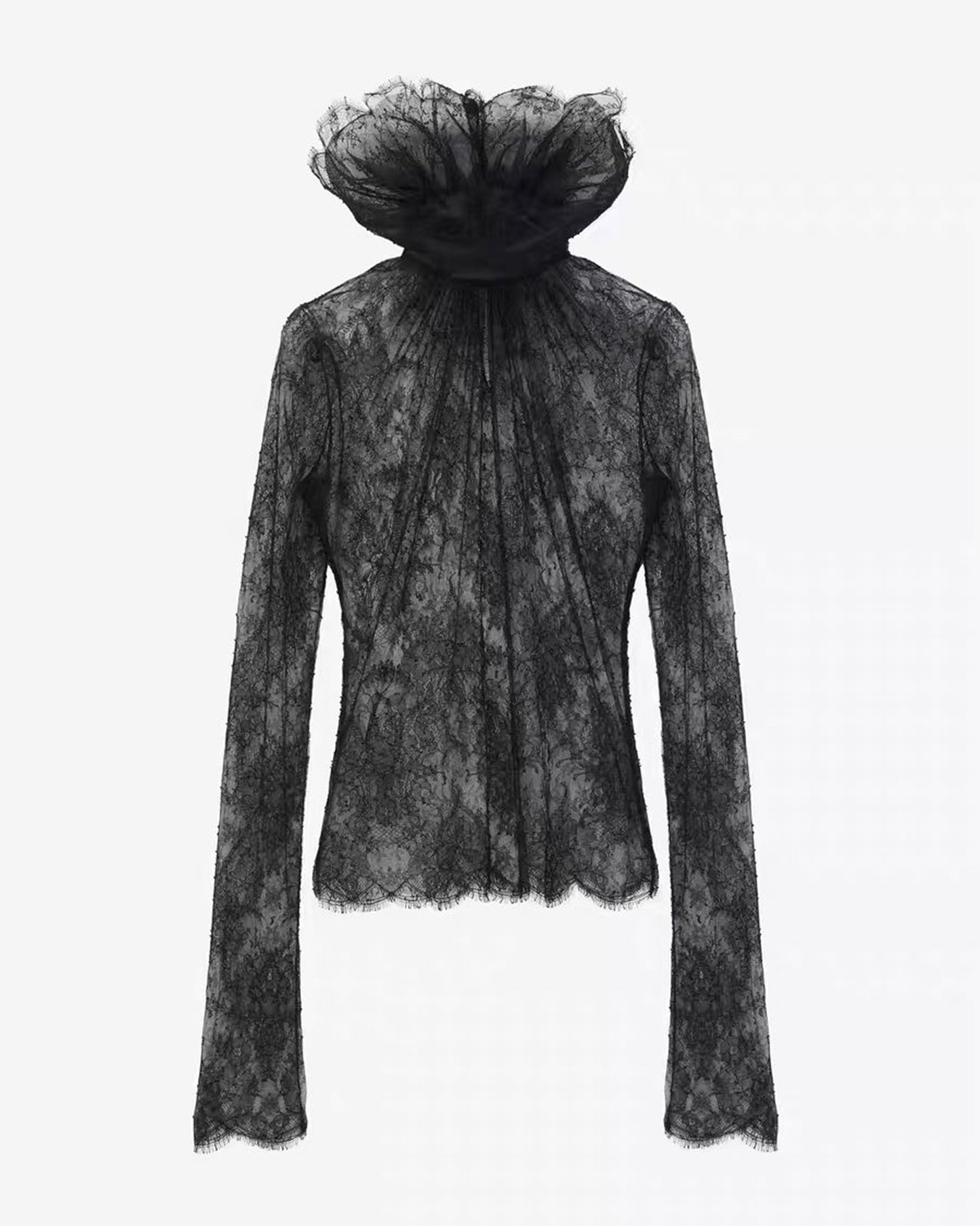 Black Sheer Lace Top with Tulle Neck Ruffle
