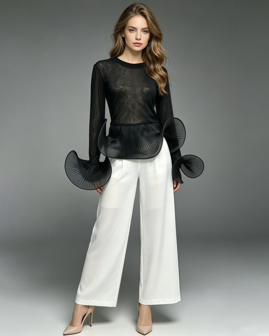 Black Sheer Mesh Long Sleeve Top