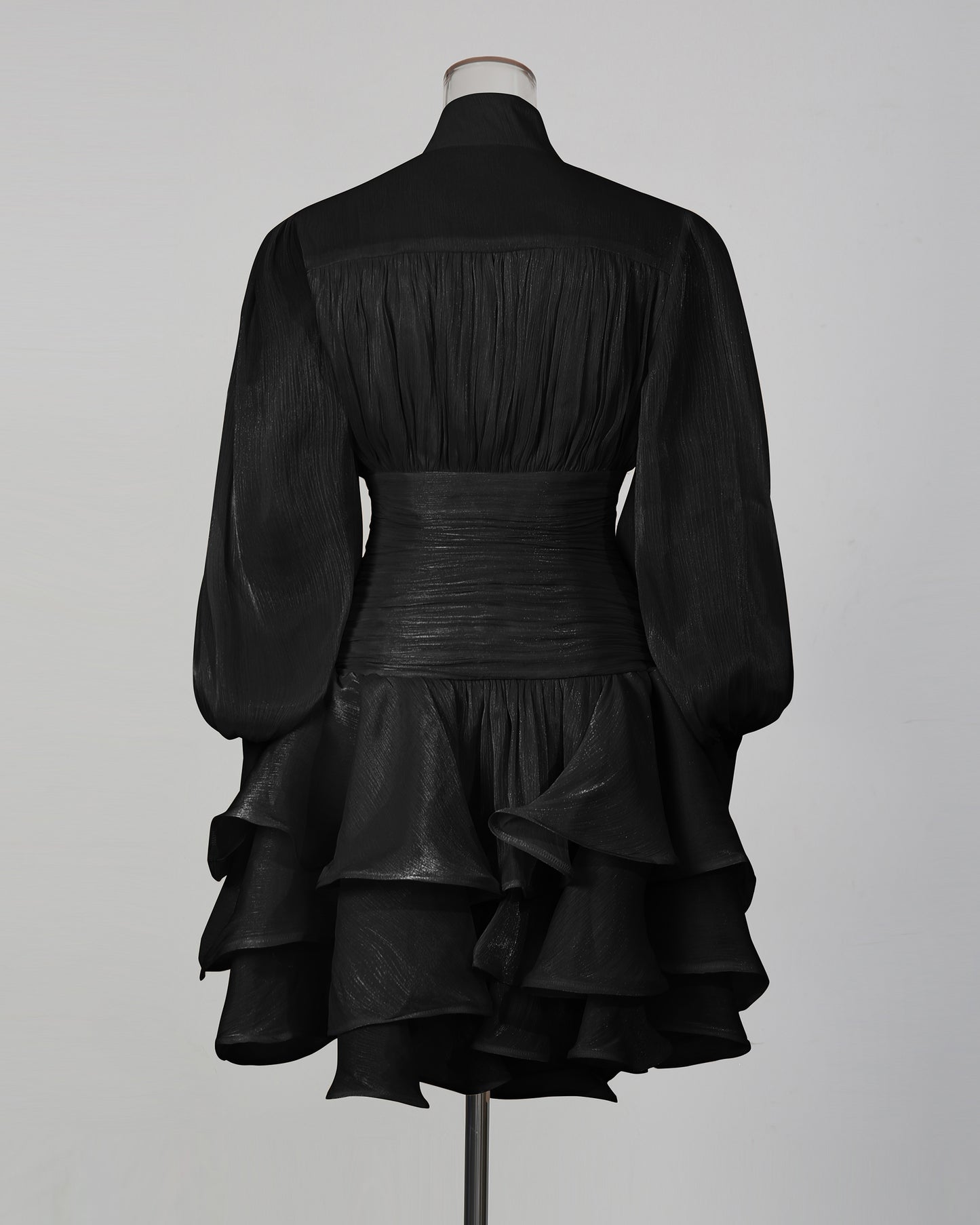 Black Shimmer Puff Sleeve Ruffled Mini Dress