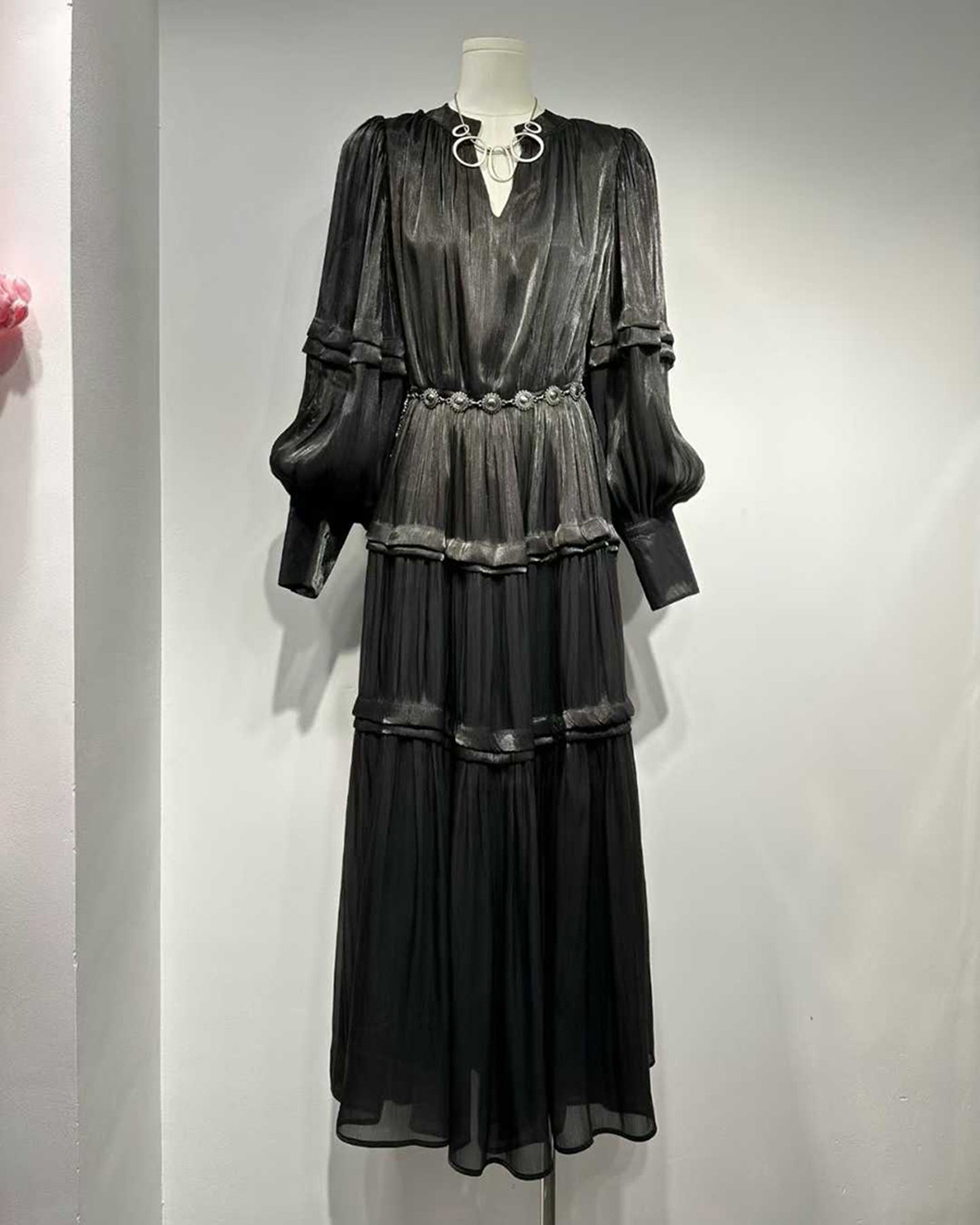 Black Shiny Lantern Sleeve Tiered Maxi Dress