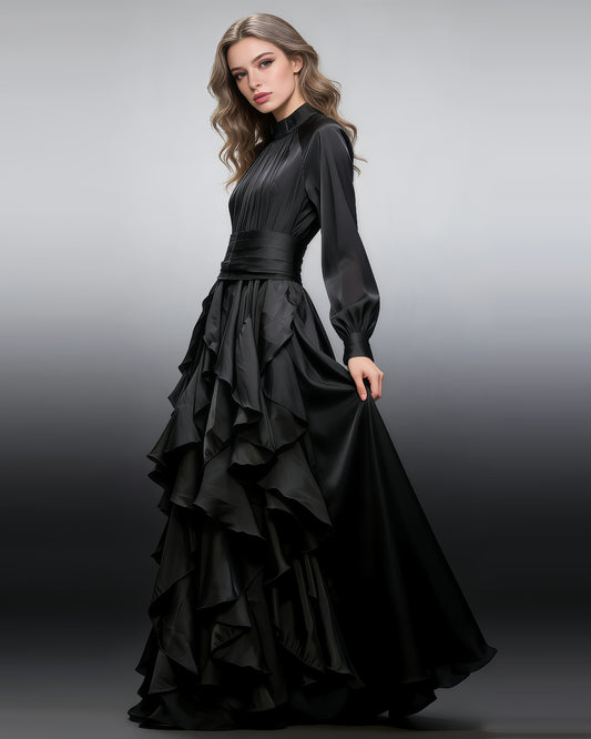 Black Shiny Ruffled Maxi Dress with High Neck & Tie Cuffs