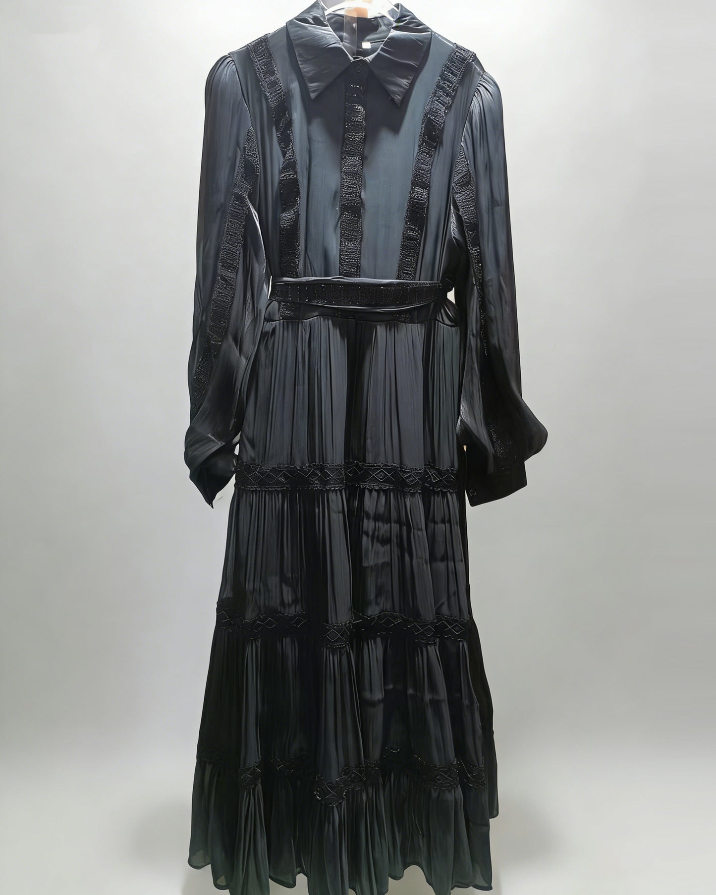 Black Shirt Collar Lace Tiered Maxi Dress