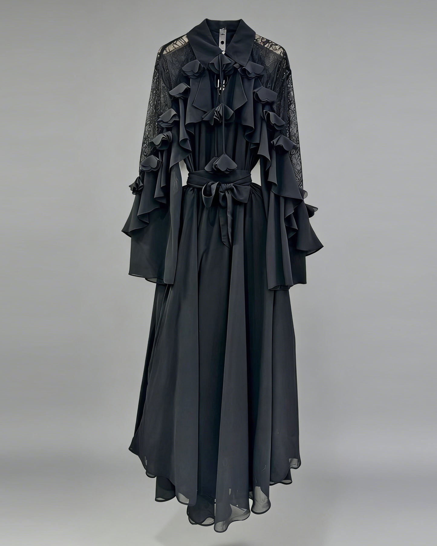 Black Shirt Collar Ruffled Shiny Maxi Dress