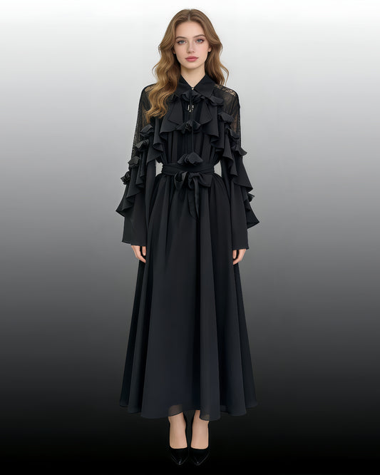 Black Shirt Collar Ruffled Shiny Maxi Dress