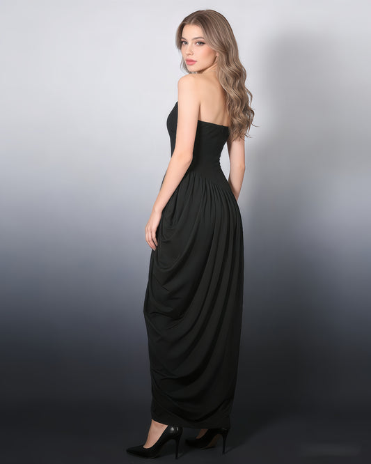 Black Strapless Asymmetric Maxi Dress