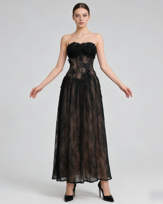 Black Strapless Butterfly Lace Midi Dress