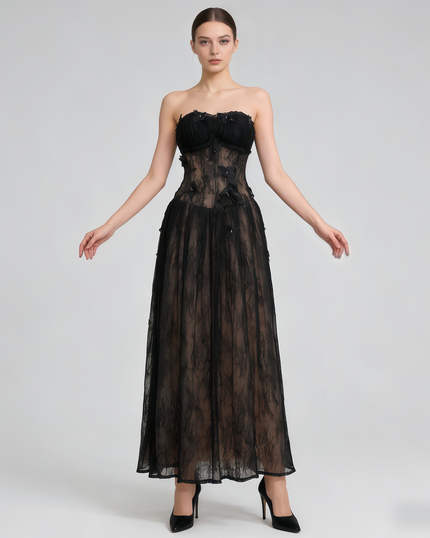 Black Strapless Butterfly Lace Midi Dress