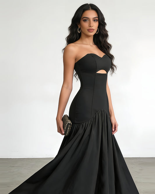 Black Strapless Cutout Ruched Maxi Dress