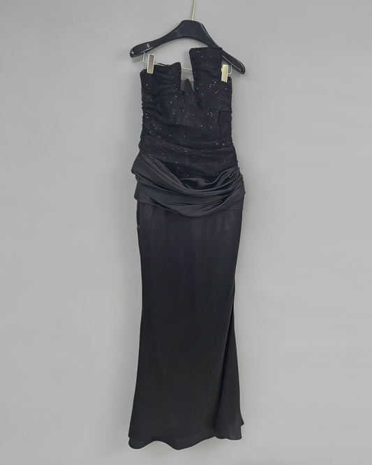 Black Strapless Sequin Ruched Satin Maxi Dress