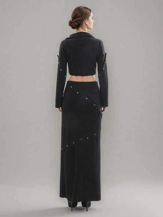 Black Studded Crop Top & Maxi Skirt Two-Piece Set