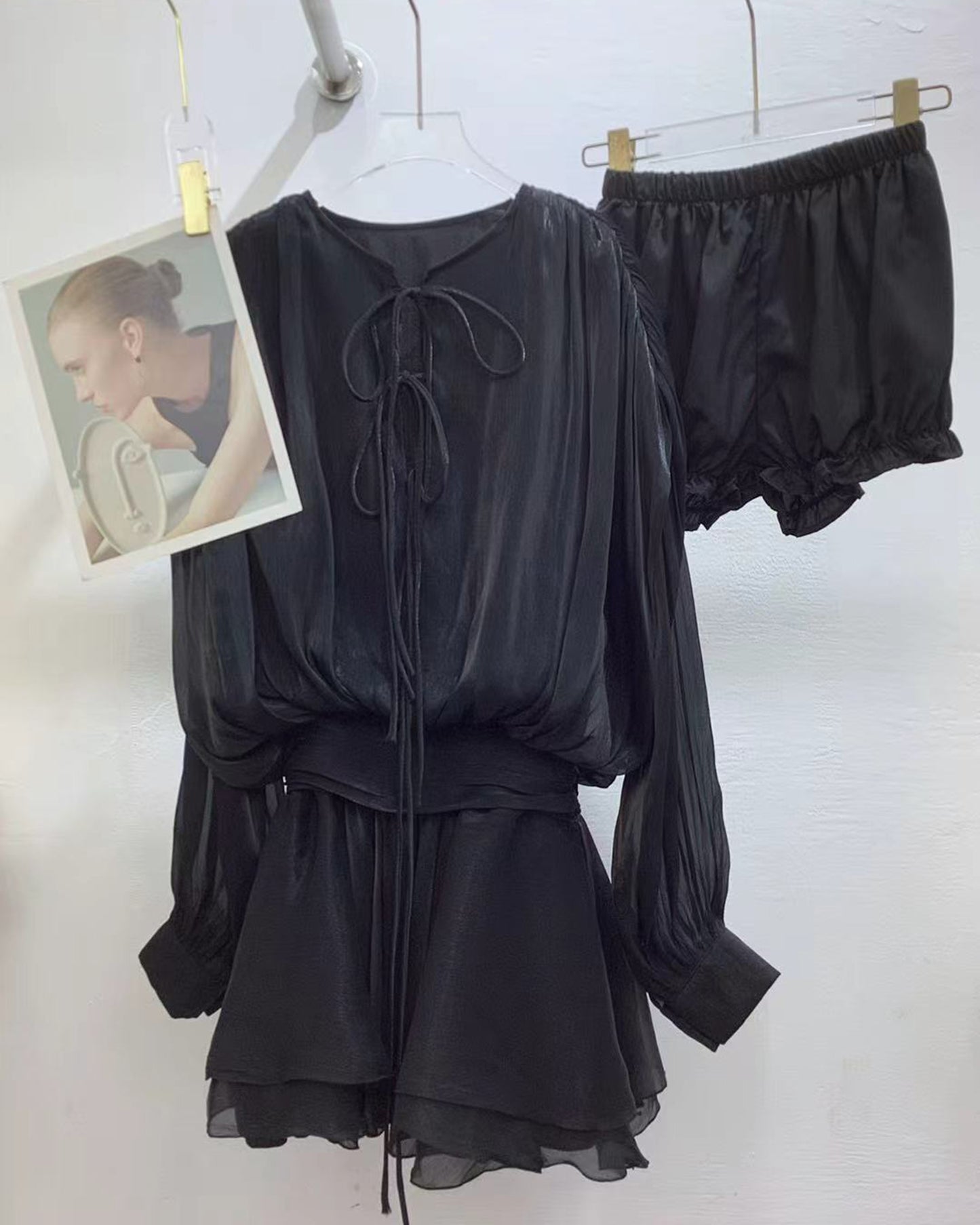 Black Tie-Neck Shiny Ruffled Dress