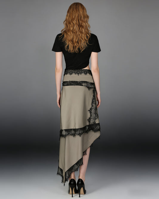 Black Top Beige Asymmetric Lace Dress