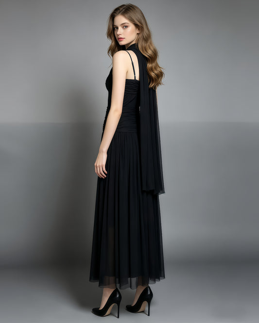 Black Twist Knot Mesh Maxi Dress