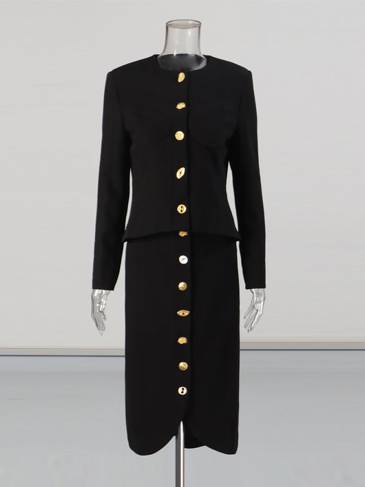 Black Two-Piece Set with Gold Statement Button Detailing