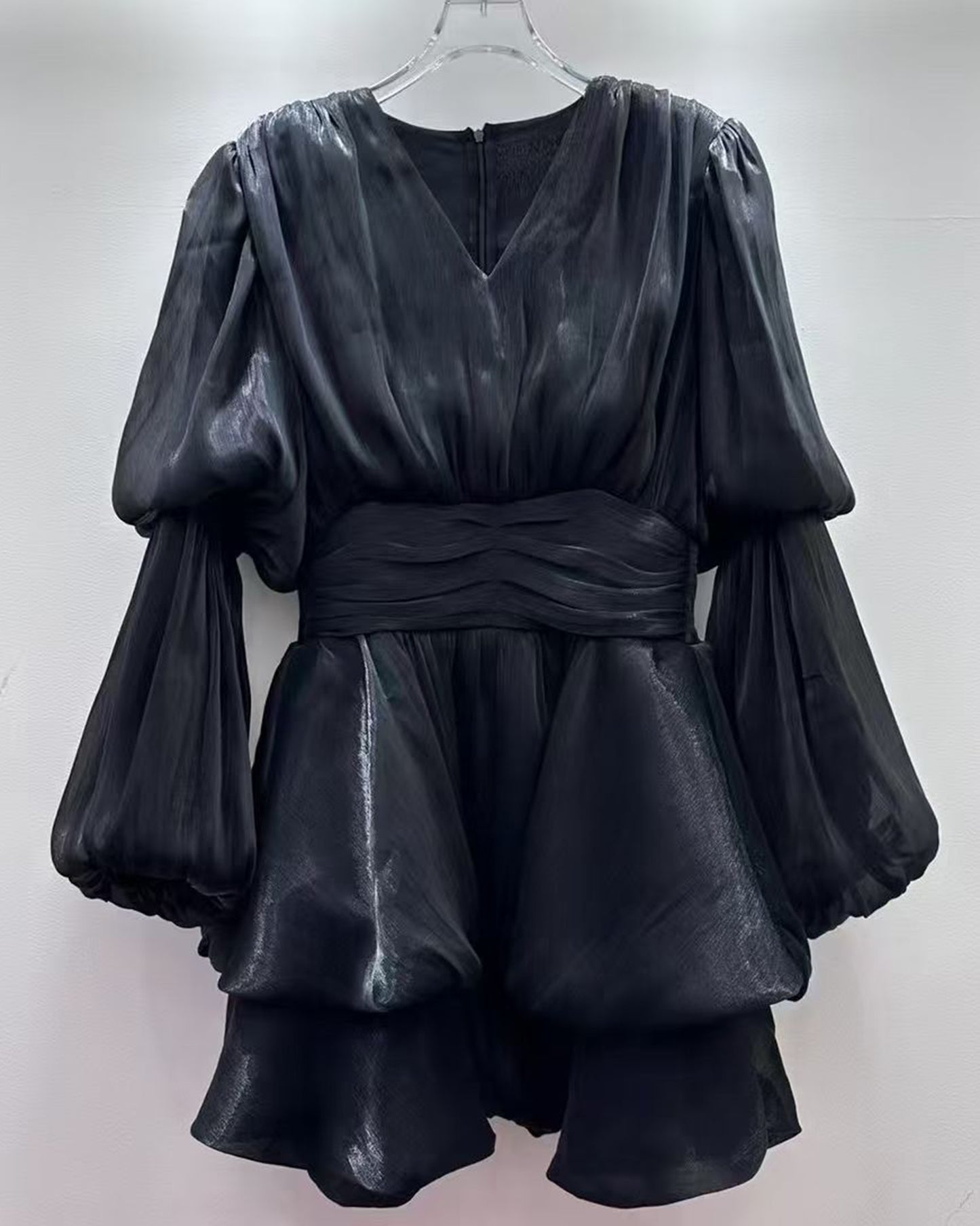 Black V-Neck Ruched Puff Sleeve Dress