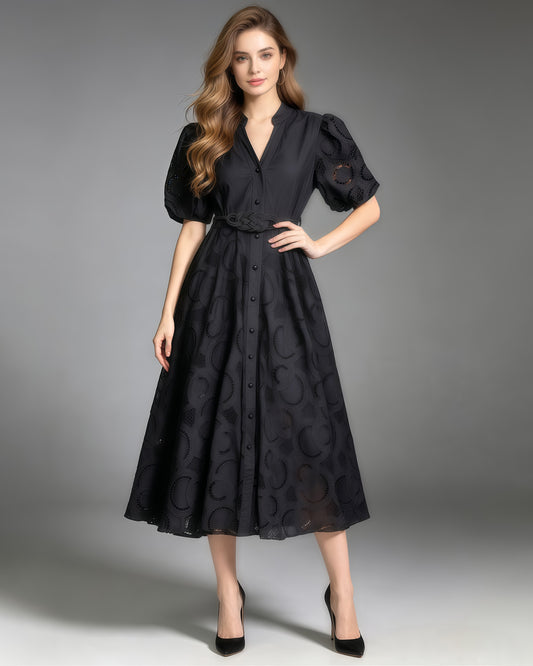 Black V Neck Puff Sleeve Tunic Midi Dress