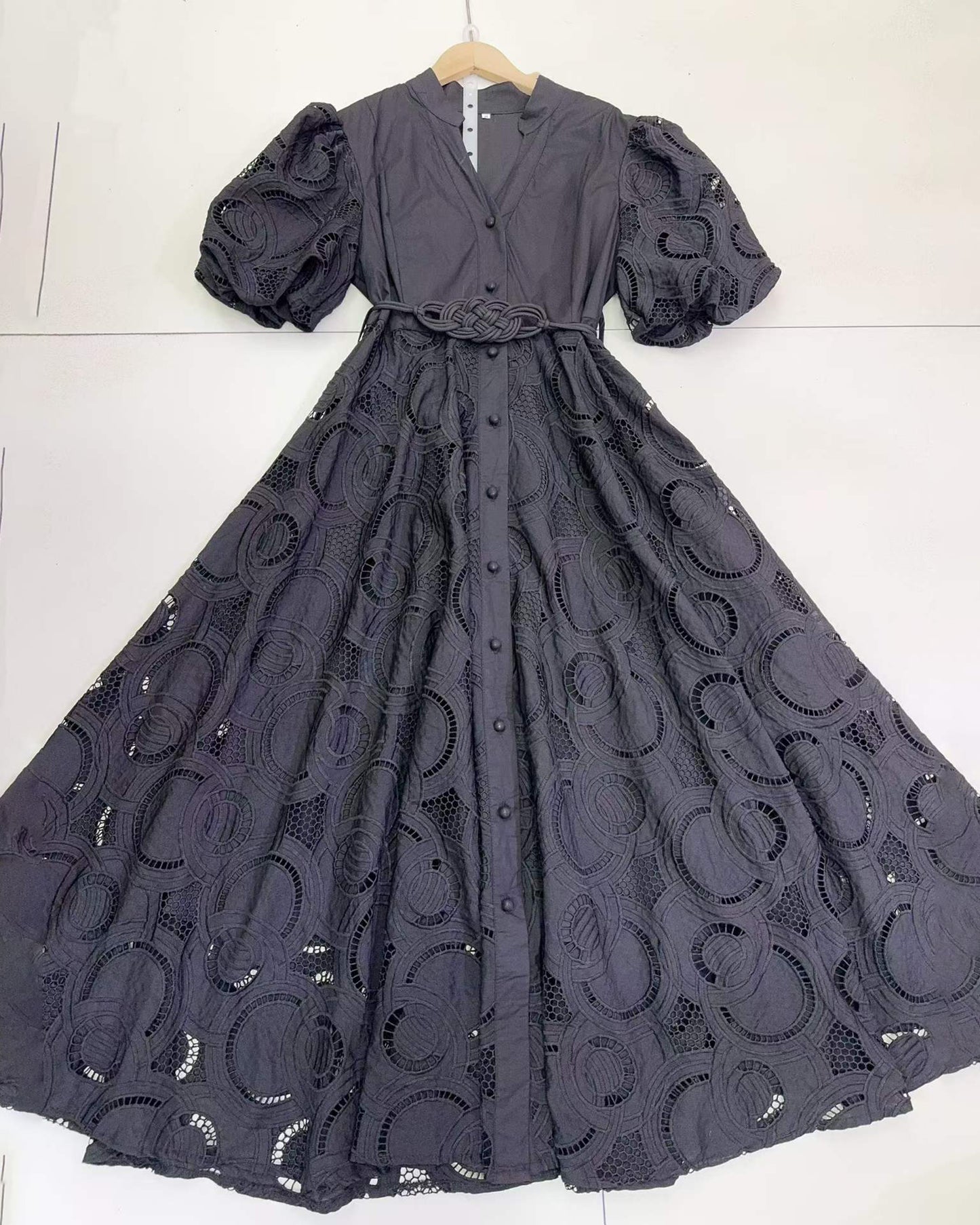 Black V Neck Puff Sleeve Tunic Midi Dress