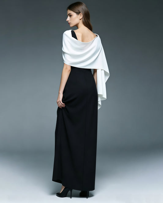 Black White Colorblock Cape Sleeve Maxi Dress