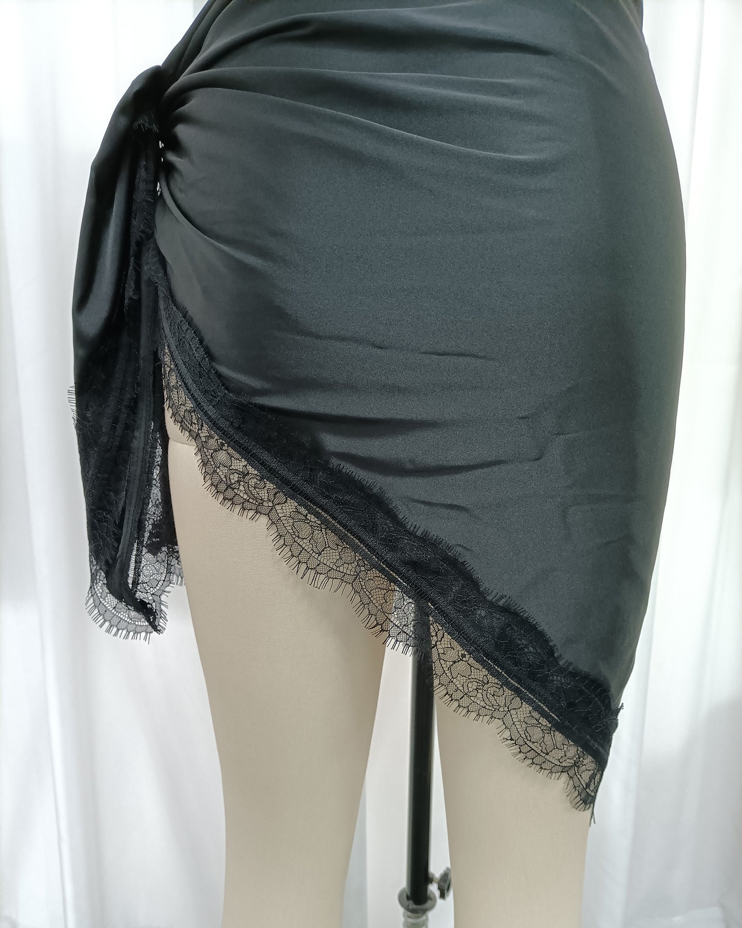 Black Wrap Mini Skirt with Eyelash Lace Trim