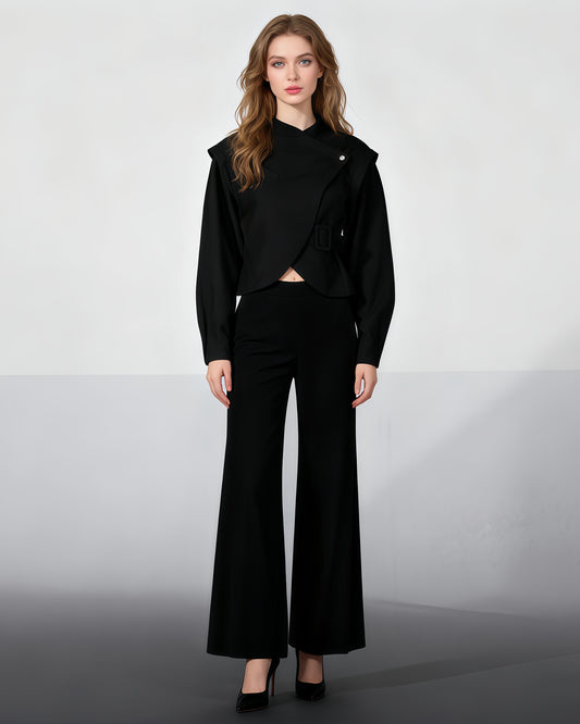 Black Asymmetric Buckle Cropped Jacket