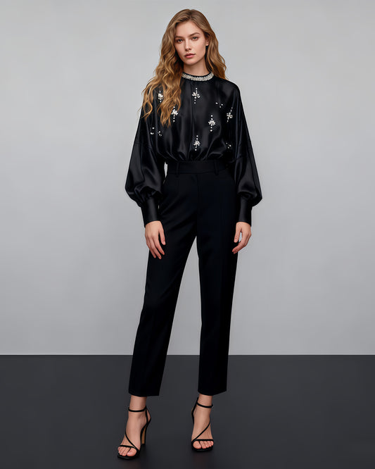 Black Blouse with Rhinestone Floral & Batwing Sleeve