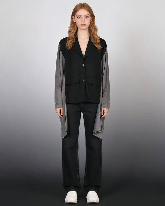 Black & Denim Mixed-Media Asymmetrical Blazer
