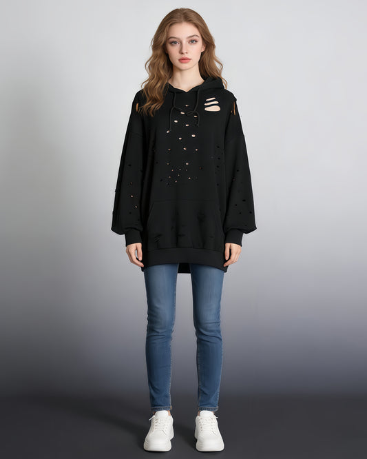 Black Distressed Oversized Hoodie