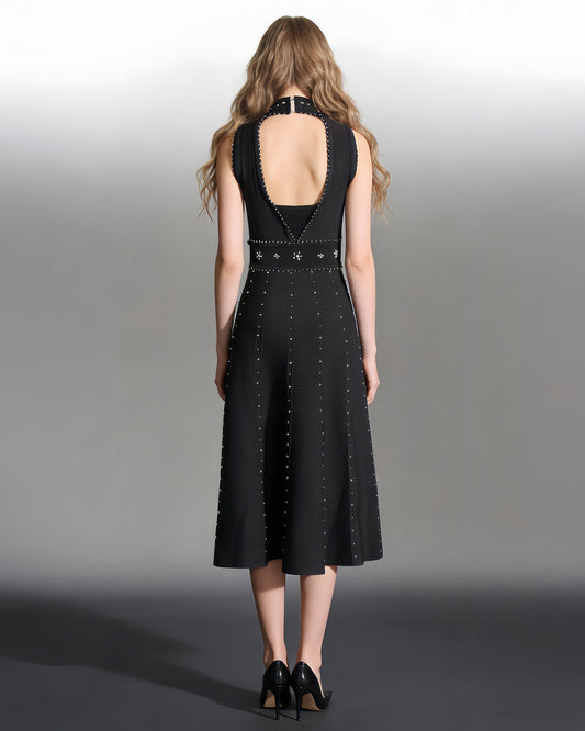 Black Sleeveless Midi Dress with Beaded & Studded