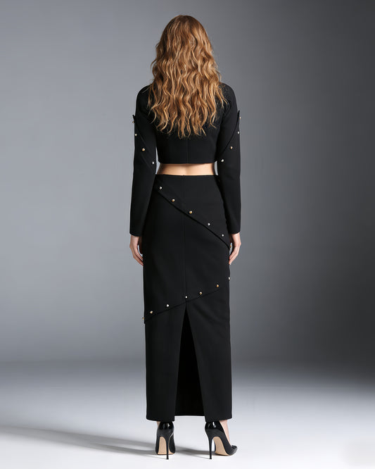 Black Studded Crop Top & Maxi Skirt Two-Piece Set