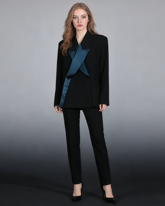 Black & Teal Satin Asymmetric Blazer