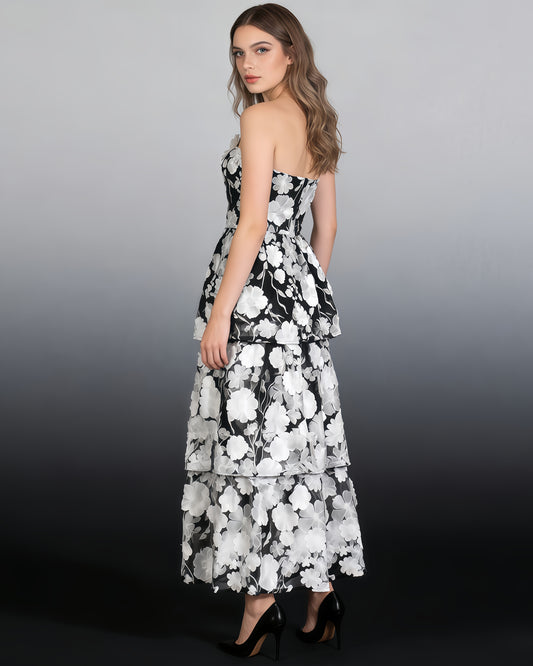 Black & White 3D Floral Strapless Tiered Dress