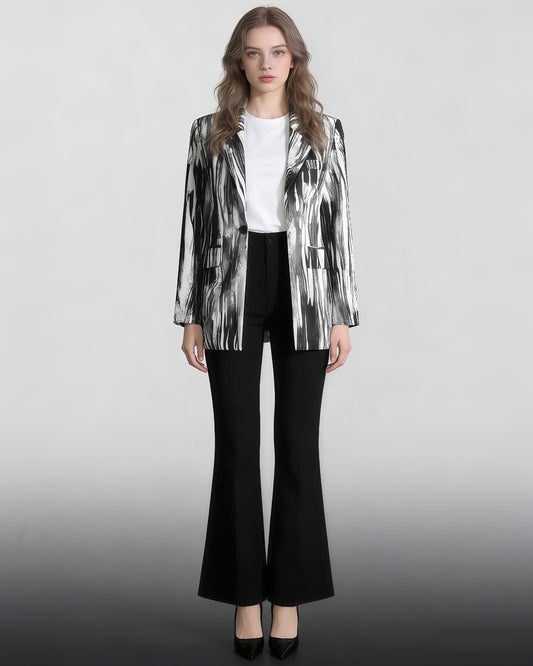 Black & White Abstract Print Single-Button Blazer