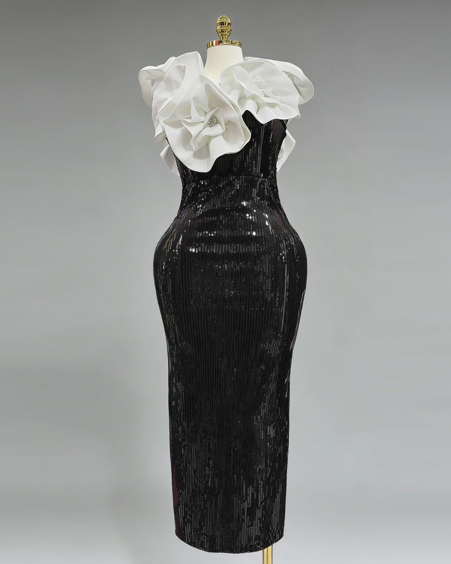 Black & White Contrast 3D Floral Sequin Midi Dress