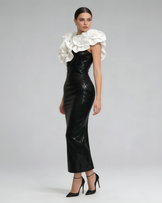 Black & White Contrast 3D Floral Sequin Midi Dress