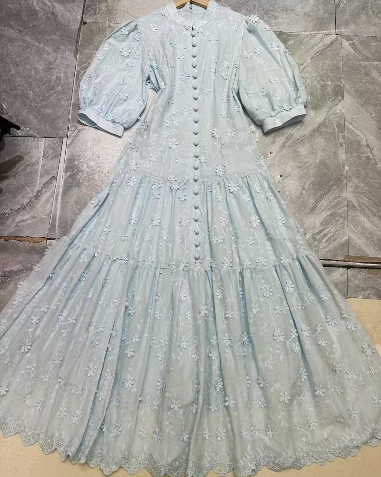 Blue 3D Floral Puff Sleeve Maxi Dress