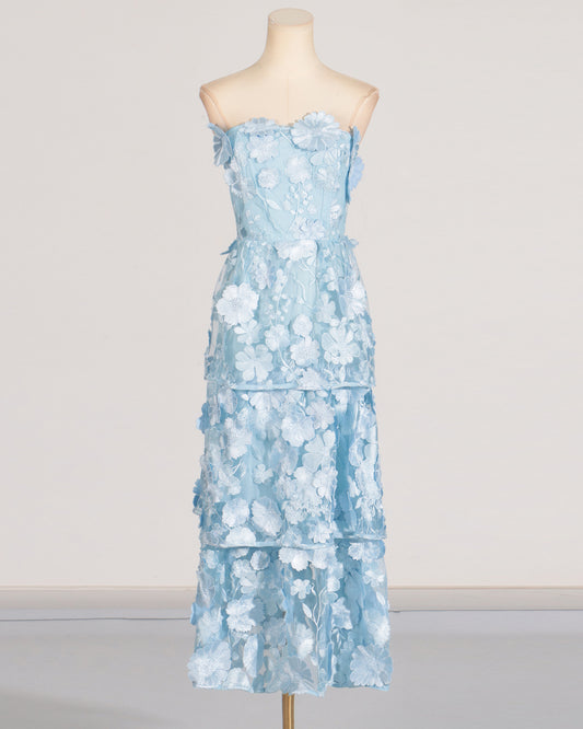 Blue 3D Floral Strapless Tiered Maxi Dress