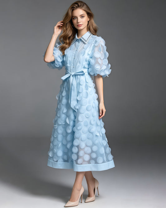 Blue Beaded Lapel Tunic Belted Maxi Shirt Dress