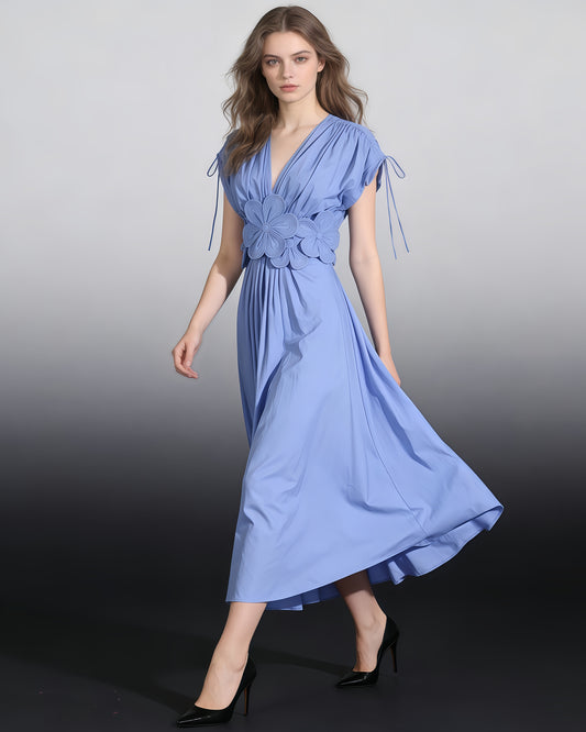 Blue Floral Applique V-Neck Maxi Dress