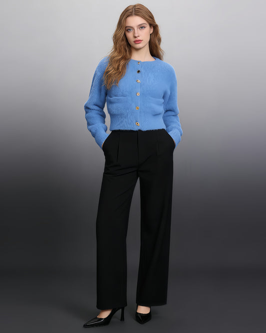 Blue Fuzzy Cropped Cardigan with Decorative Buttons