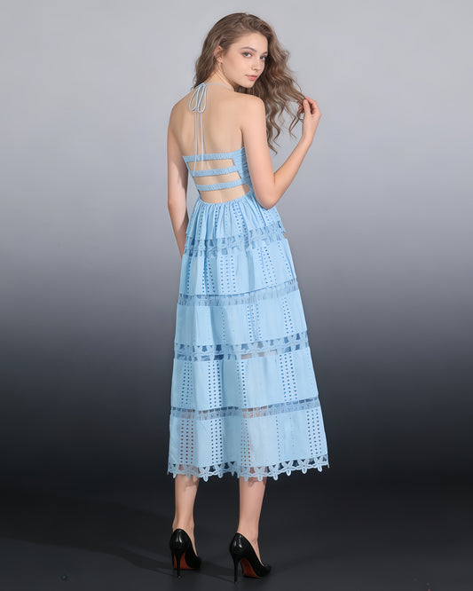 Blue Halter Tiered Lace Maxi Dress