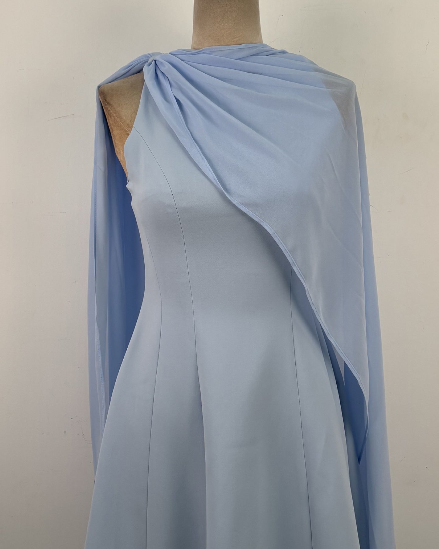 Blue One-Shoulder Cape Sleeve Evening Gown