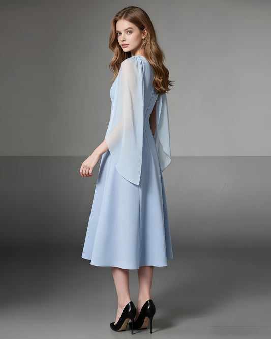 Blue One-Shoulder Cape Sleeve Evening Gown