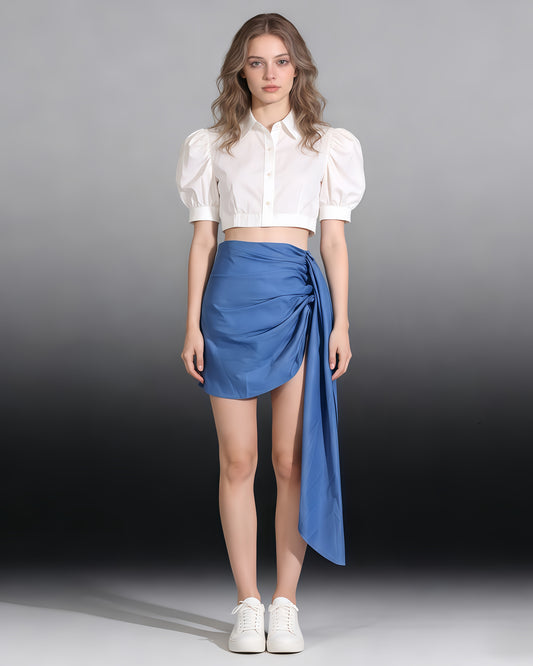 Blue Ruched Tie-Wrap Mini Skirt
