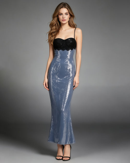 Blue Sequin Black Lace Bustier Top Midi Dress