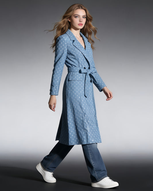 Blue Sequin Hollow Out Trench Coat with Tie Waist